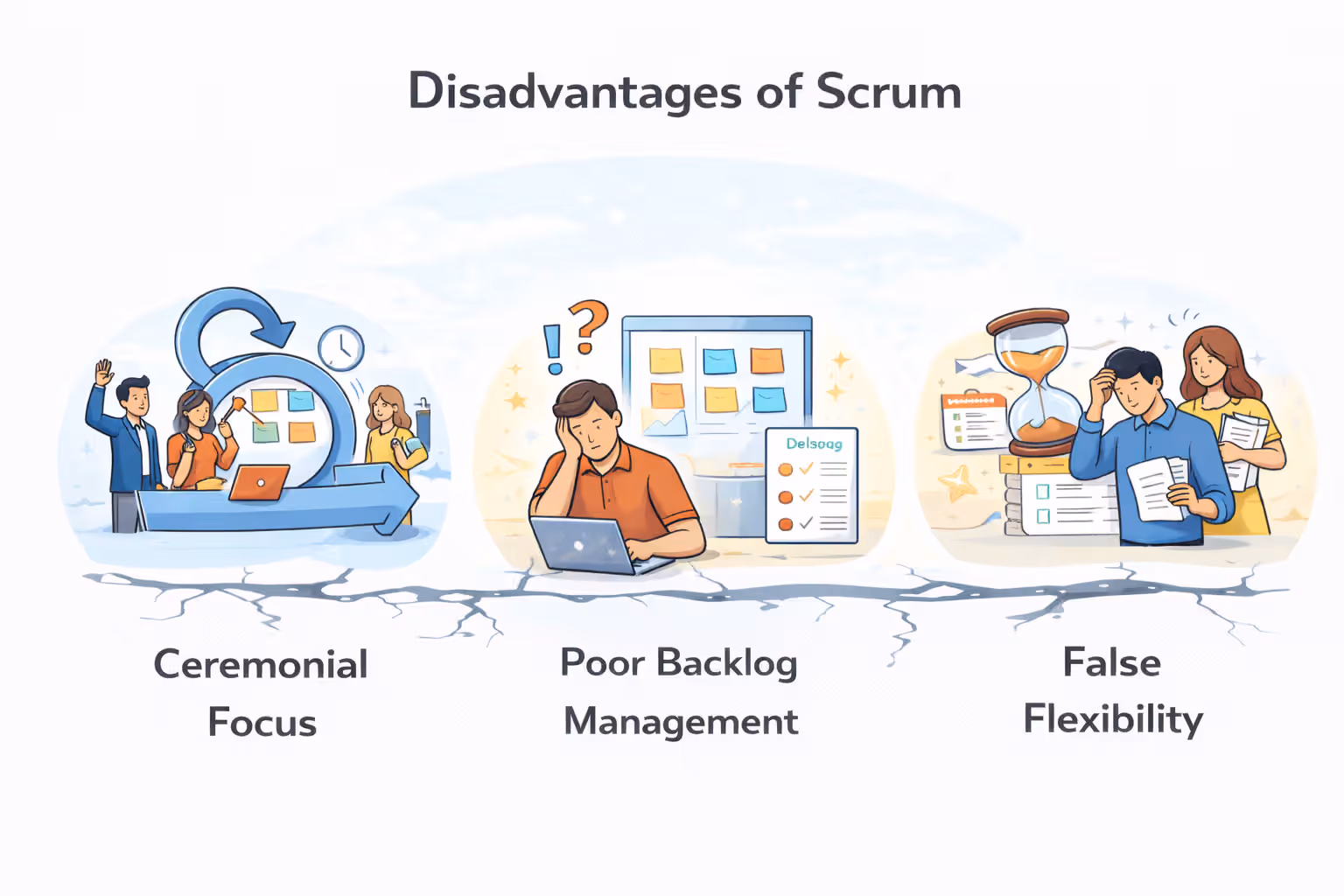 Illustration highlighting common drawbacks of Scrum, including ceremony overload, weak prioritization, blurred accountability, and hidden delivery pressure in fixed-scope environments.